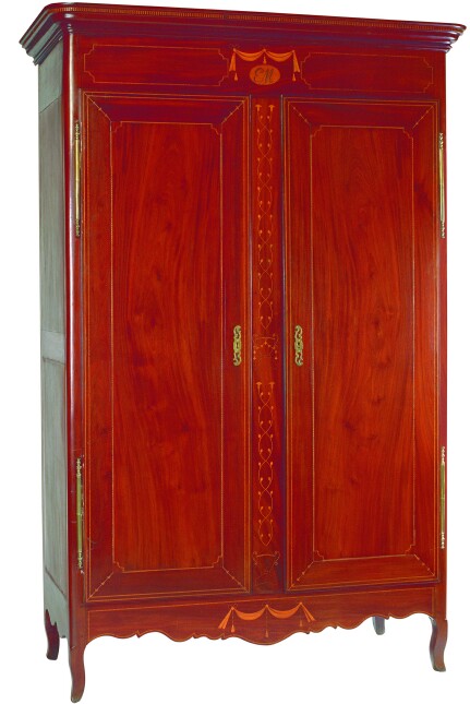 Creole-style inlaid armoire, attributed to the “Butterfly Man,” 1810–1830, from the collection of Mr. and Mrs. Robert J. Patrick, New Orleans; photo by Jim Zietz.