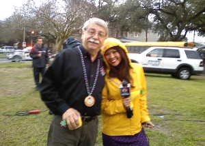 Arthur Hardy and Siemny Chhuon get ready to report on Friday's parades for WDSU.